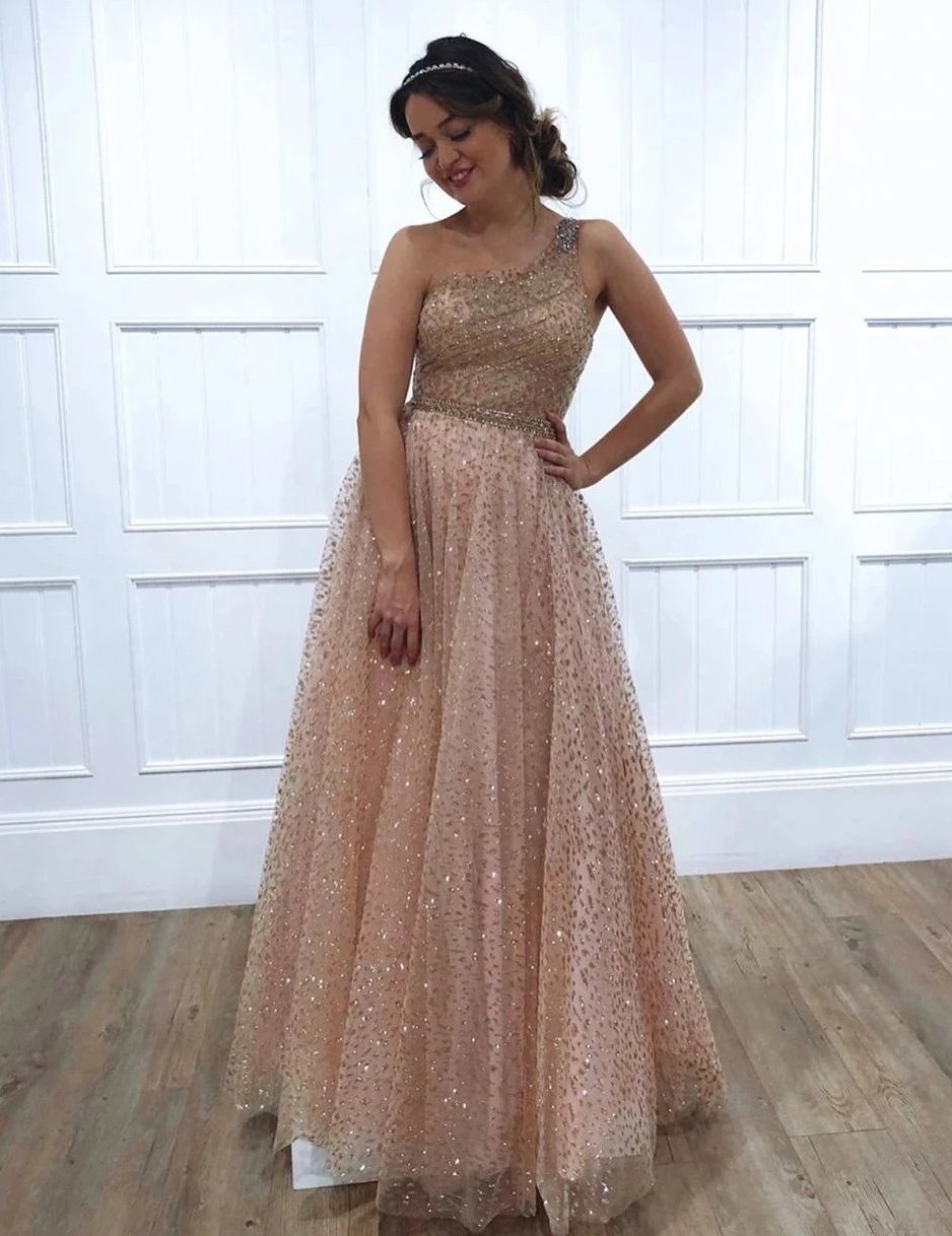 One Shoulder Sparkly Sequin Tulle A Line Prom Dresses