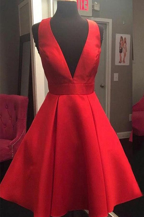 Cute A-Line V-Neck Open Back Short Red Satin Homecoming Dress with Bowknot JS701