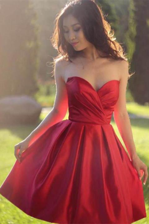 Sweetheart Simple Pleated Red Strapless Satin Party Dresses Short Homecoming Dresses JS915