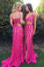 Two Pieces Mermaid Spaghetti Straps V-Neck Fuchsia Lace Split Lace up Prom Dresses JS264