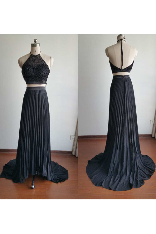 Gorgeous Halter Court Train Two Pieces Black Beads Chiffon Backless Prom Dresses JS776