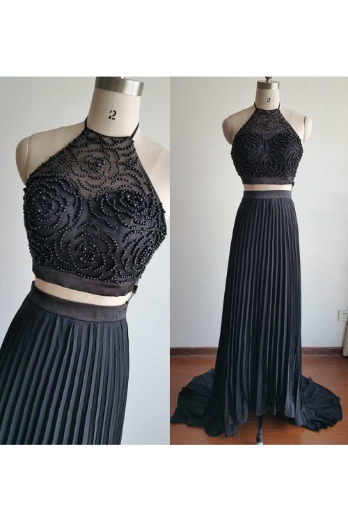 Gorgeous Halter Court Train Two Pieces Black Beads Chiffon Backless Prom Dresses JS776