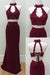 Mermaid Two Piece Burgundy Modest Long Halter Open Back Beads Prom Dresses JS186