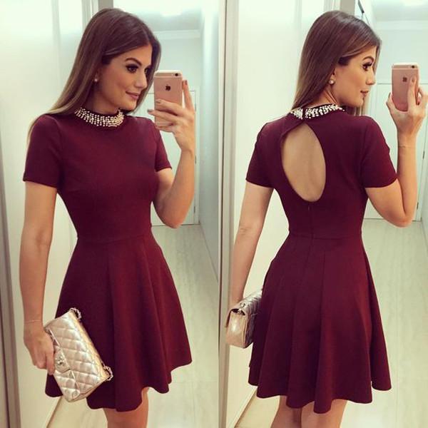 Cute Burgundy High Neck Short Sleeve Keyhole Back Beading Cheap Homecoming Dresses JS940