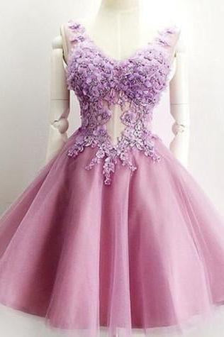 A Line V Neck Lace Appliques Lilac Short Beading Tulle Sleeveless Homecoming Dresses JS976