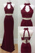 Mermaid Two Piece Burgundy Modest Long Halter Open Back Beads Prom Dresses JS186