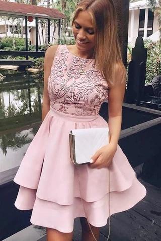 Cute A line Sleeveless Scoop Satin Pink Embroidery Short Homecoming Dresses H1302