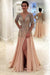 V Neck Long Sleeves Prom Dresses A Line Chiffon With Beads And Slit