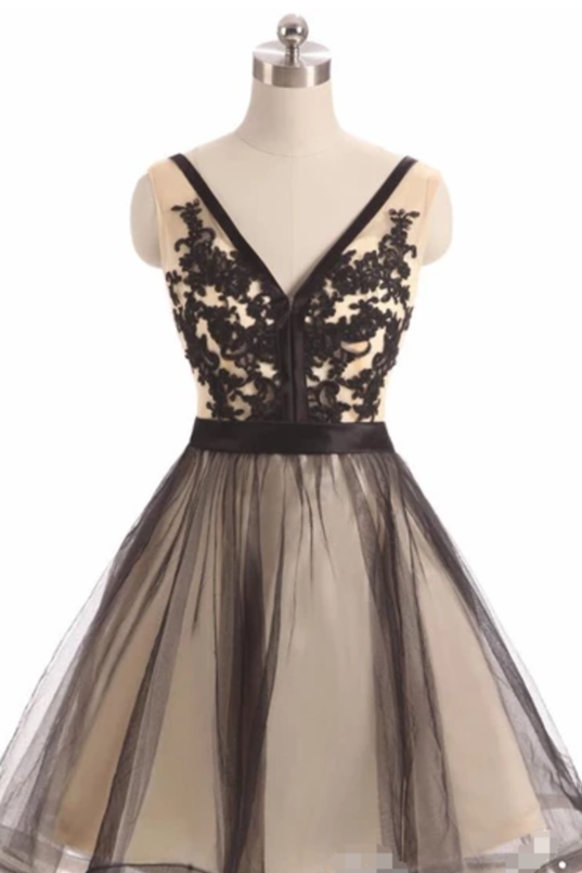 See Through Black Lace Short Dresses A Line V Neck Vintage Homecoming Dresses