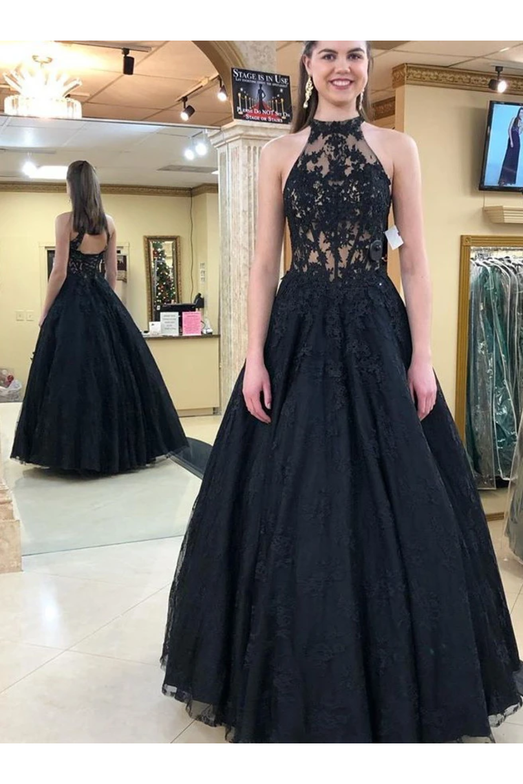 Halter Neckline Black Long Prom Dresses Formal Evening Dress Tulle SJSPJHYQ138