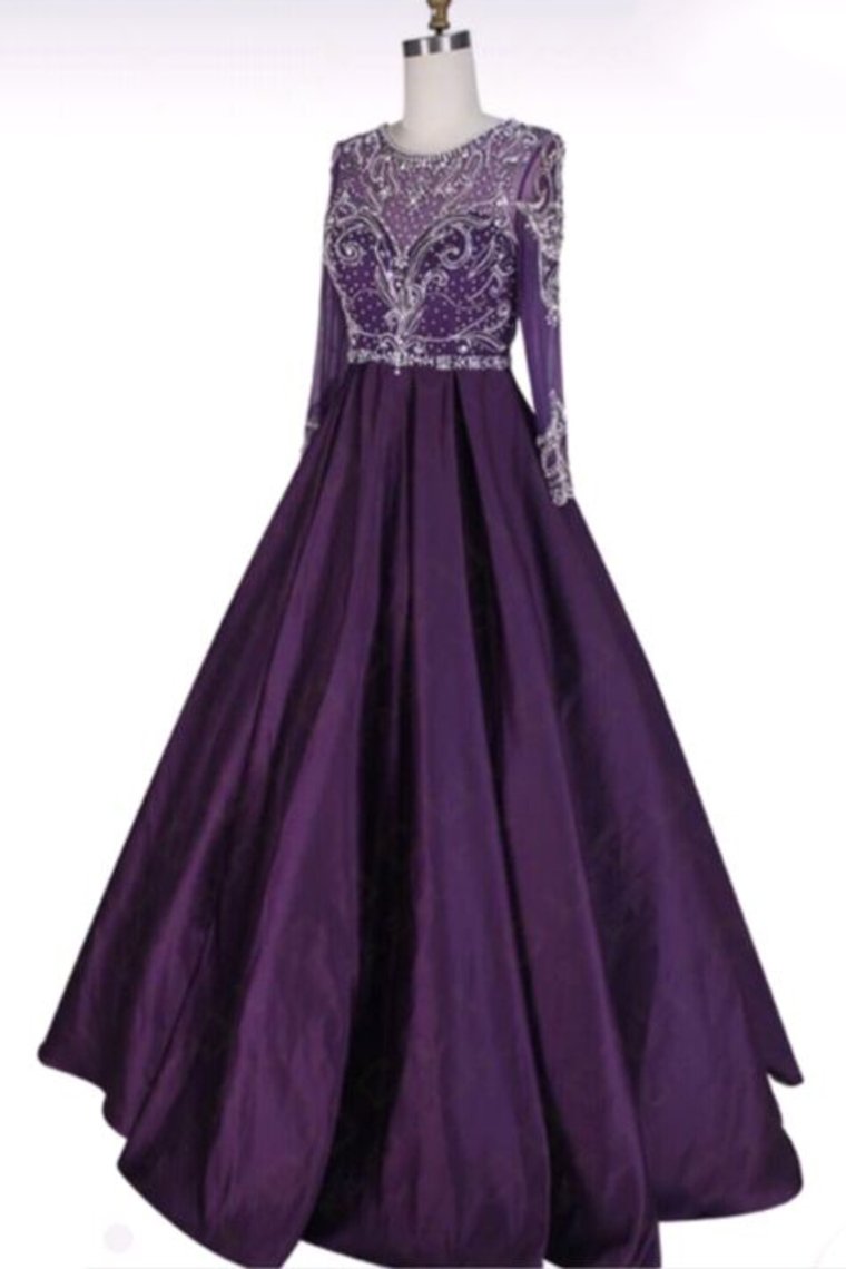 Long Sleeves Scoop Beaded Bodice Taffeta A Line Prom Dresses