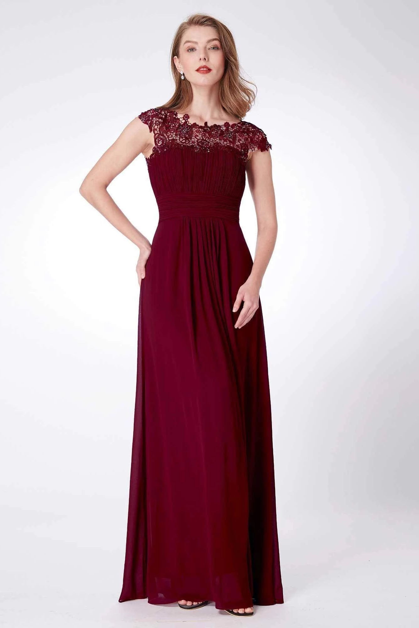 Elegant A Line Cap Sleeve Burgundy Lace Prom Dresses with Chiffon, Bridesmaid Dresses SJS15145