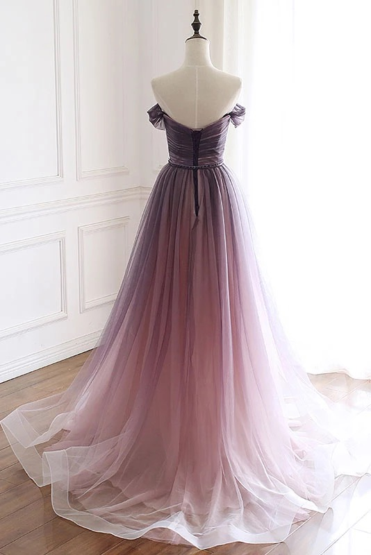 A Line Off the Shoulder Tulle Long Prom Dresses, Lace up Simple Party Dresses SJS15008