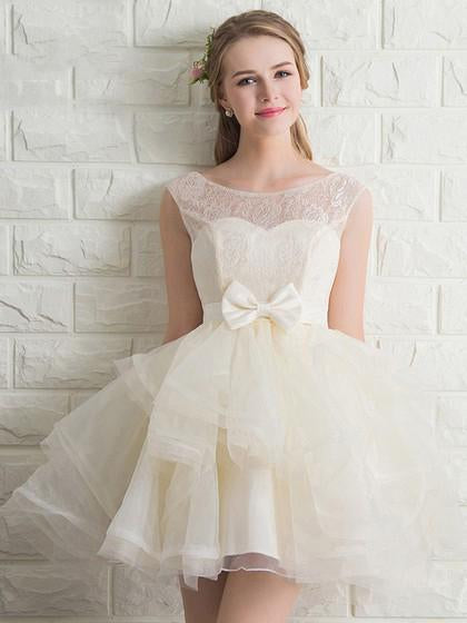 Scoop Neck Lace Tulle Bowknot Organza Lace up Short Prom Dress Homecoming Dresses JS941