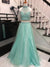 Elegant Halter Two Pieces Sky Blue Backless Tulle Prom Dresses with Beading JS743