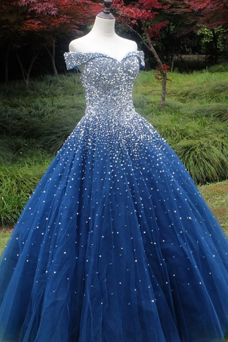 Sparkle Off The Shoulder Blue Ball Gown Prom Dresses, Puffy Tulle Quinceanera Dresses