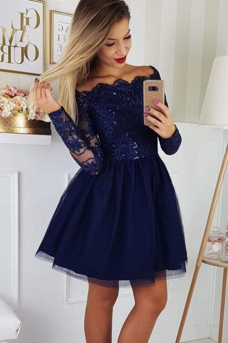 Cute Off The Shoulder Tulle Homecoming Dress With Lace Appliques, Short Prom Dresses