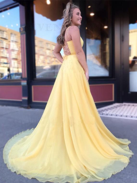 A Line Spaghetti Straps Daffodil Tulle Long Party Dresses, Lace up Formal SJS20383