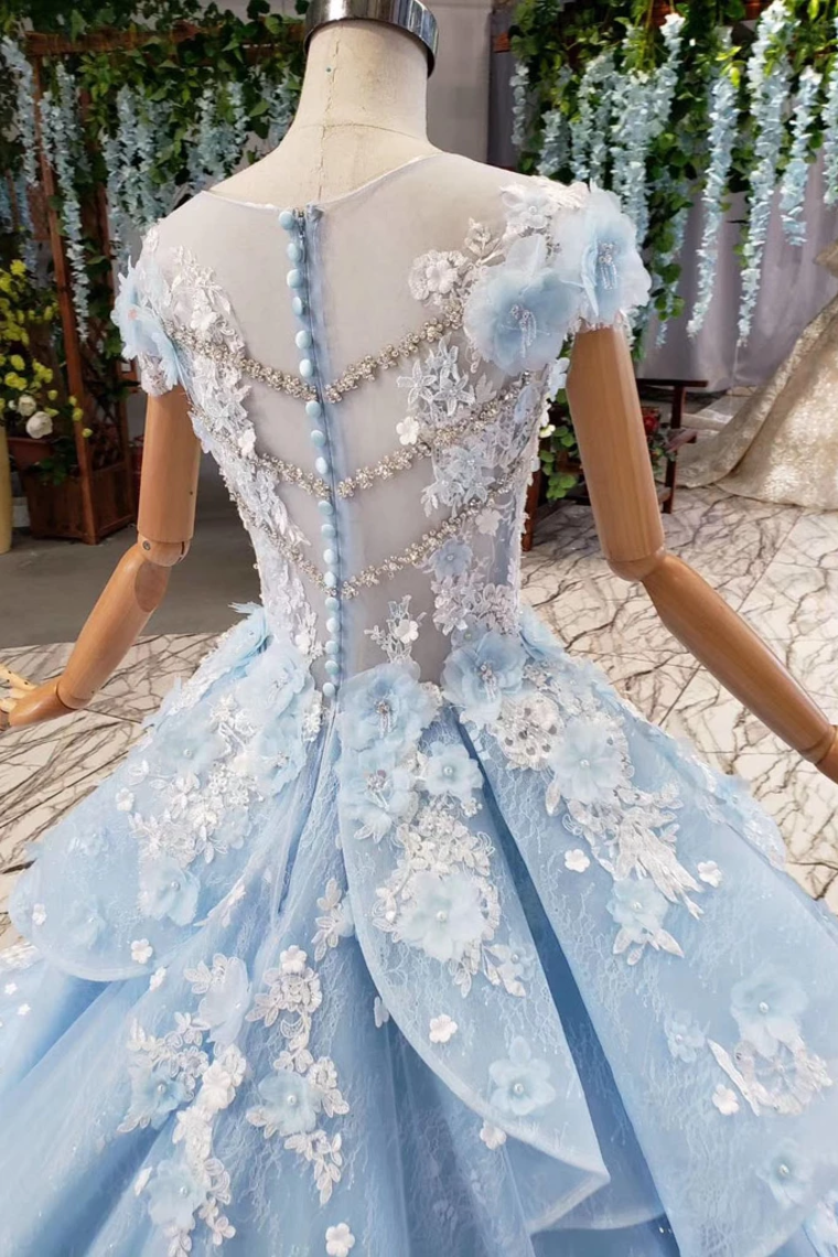 Light Sky Blue Gorgeous Prom Dress With Flowers, Ball Gown Quinceanera Dress With Beads