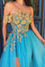 Elegant Off the Shoulder Blue Lace Prom Dresses with Gold Appliques Tulle Party Dresses SJS15187