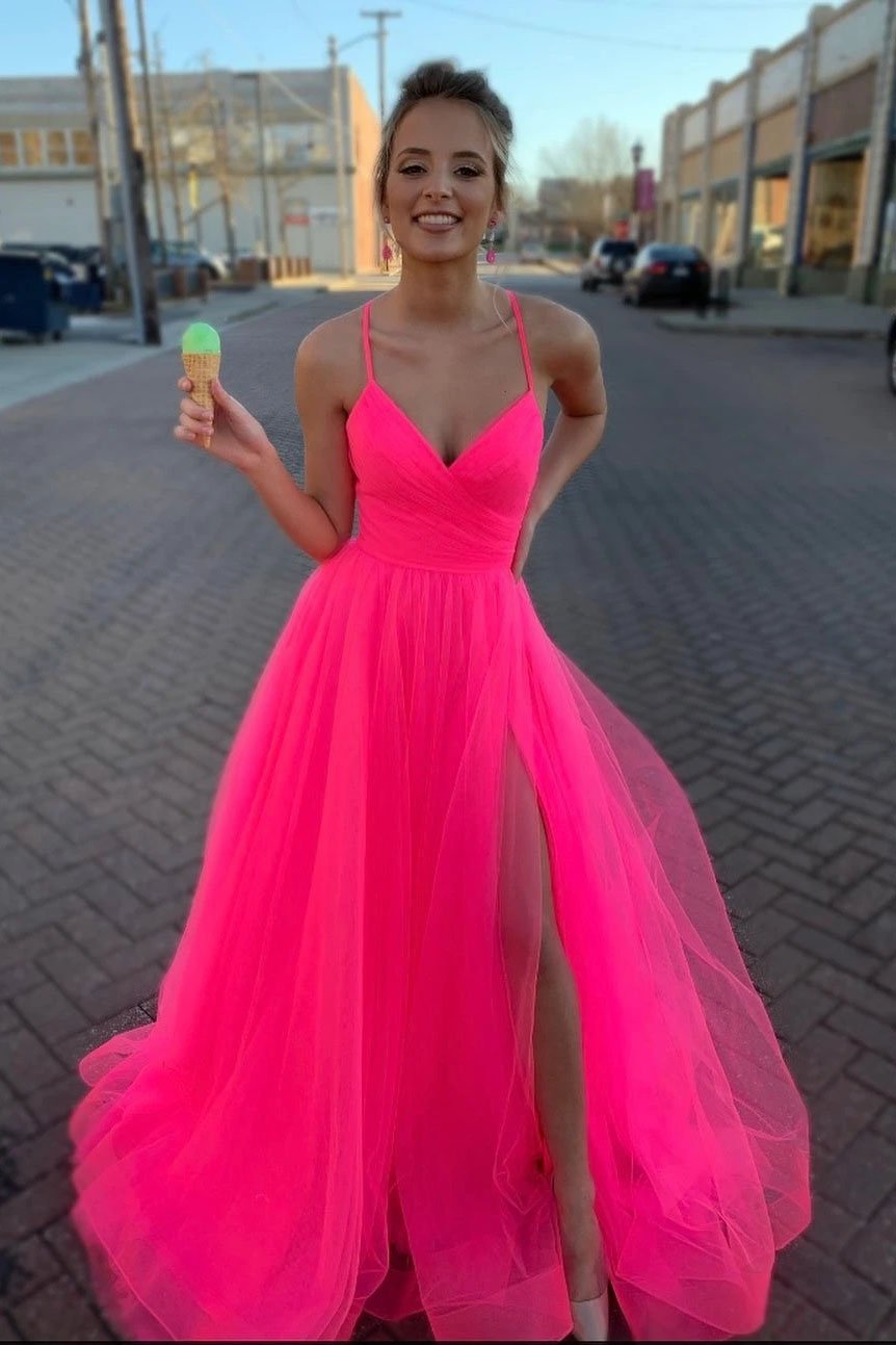 Modest Tulle V Neck Spaghetti Straps Pink Long Prom Dresses with SJS20428