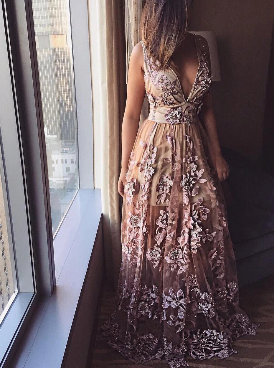 Deep V Neck Lace Applique A-line Prom Dresses, Beads Long Formal Dresses SJS15139