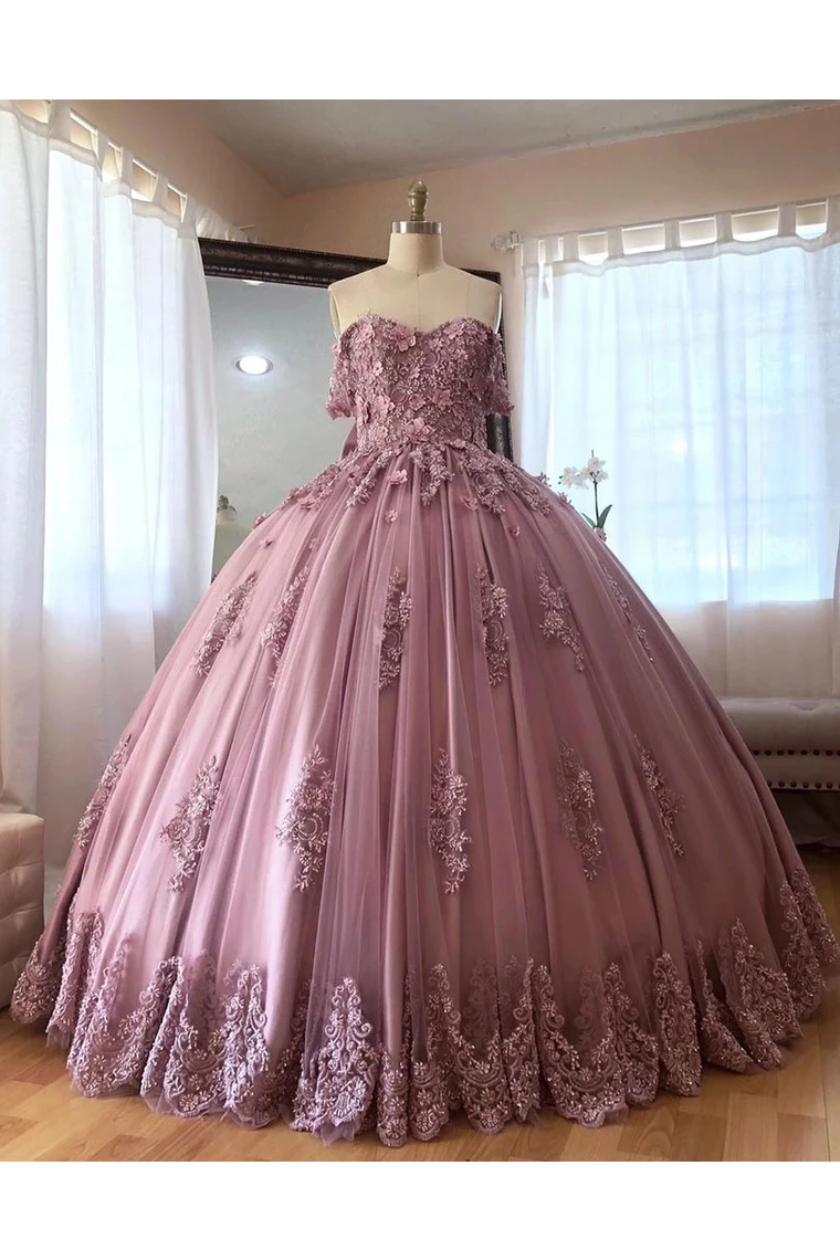 Ball Gown Off The Shoulder Tulle Quinceanera Dress With Lace Appliques Puffy Prom SJSP3HM7KB3