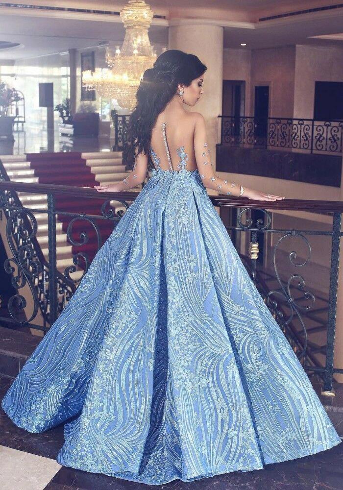 Elegant Blue Long Sleeve Mermaid Appliques Long Prom Dresses, Party Dresses SJS15161