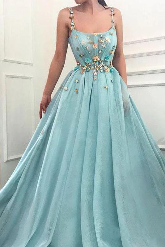 Elegant A Line Spaghetti Straps Tulle Scoop Prom Dresses with Appliques, Formal Dresses SJS15512