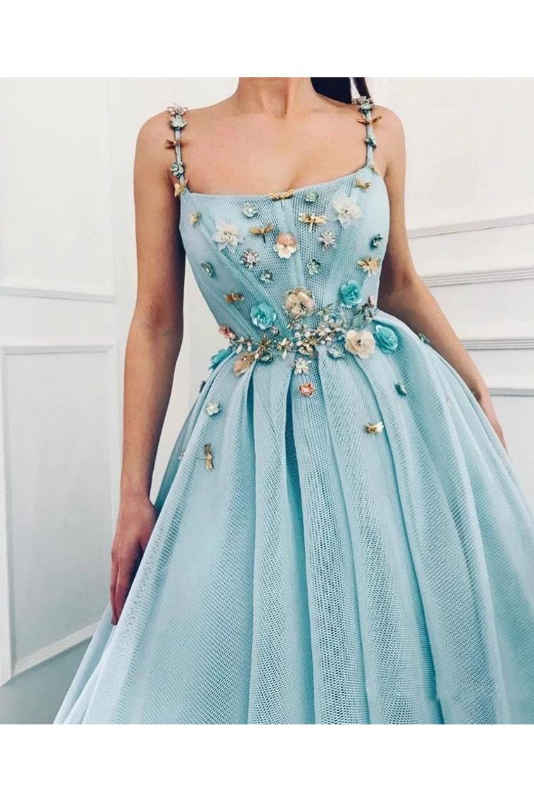 Elegant A Line Spaghetti Straps Tulle Scoop Prom Dresses With Appliques Formal SJSPC4CZXGB