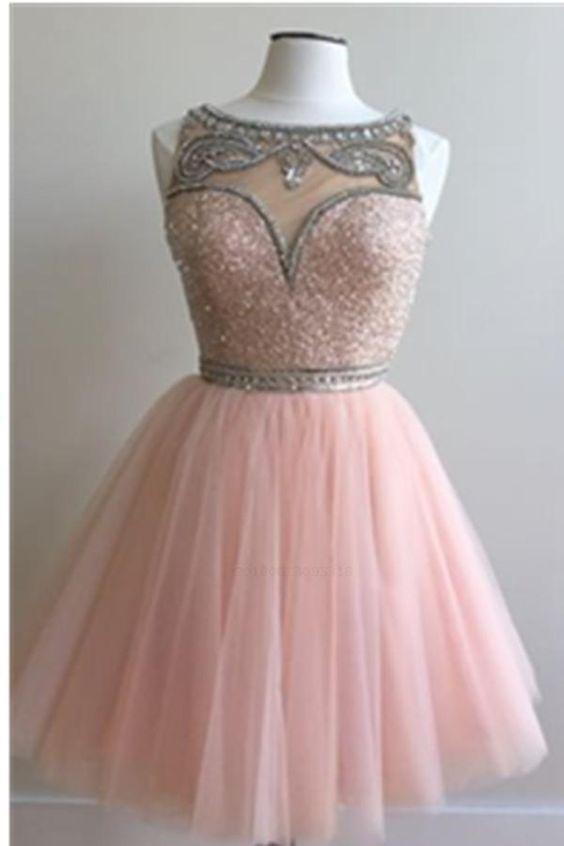 , Round Neck , Beading , Short Pink Homecoming Dresses Jayda CD266