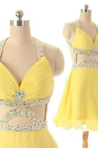 Dramatic A-line V-neck Short Chiffon Backless Daffodil Homecoming Dress with Rhinestone JS470