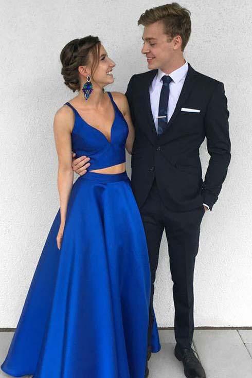 Sexy Royal Blue Two Piece Long Simple Satin Blue V-Neck Formal Evening Prom Dresses JS620