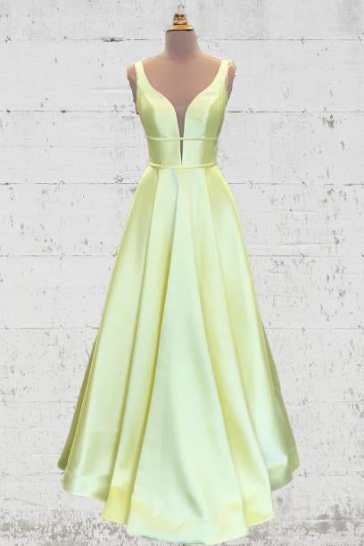 Unique A Line Yellow Satin Prom Dresses with Pockets, Simple Formal SJS20452