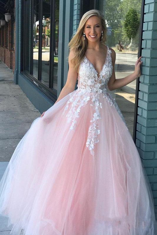 Charming Ball Gown V Neck Tulle Lace Appliques Prom Dresses, Evening SJS15625