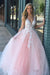 Charming Ball Gown V Neck Tulle Lace Appliques Prom Dresses, Evening SJS15625