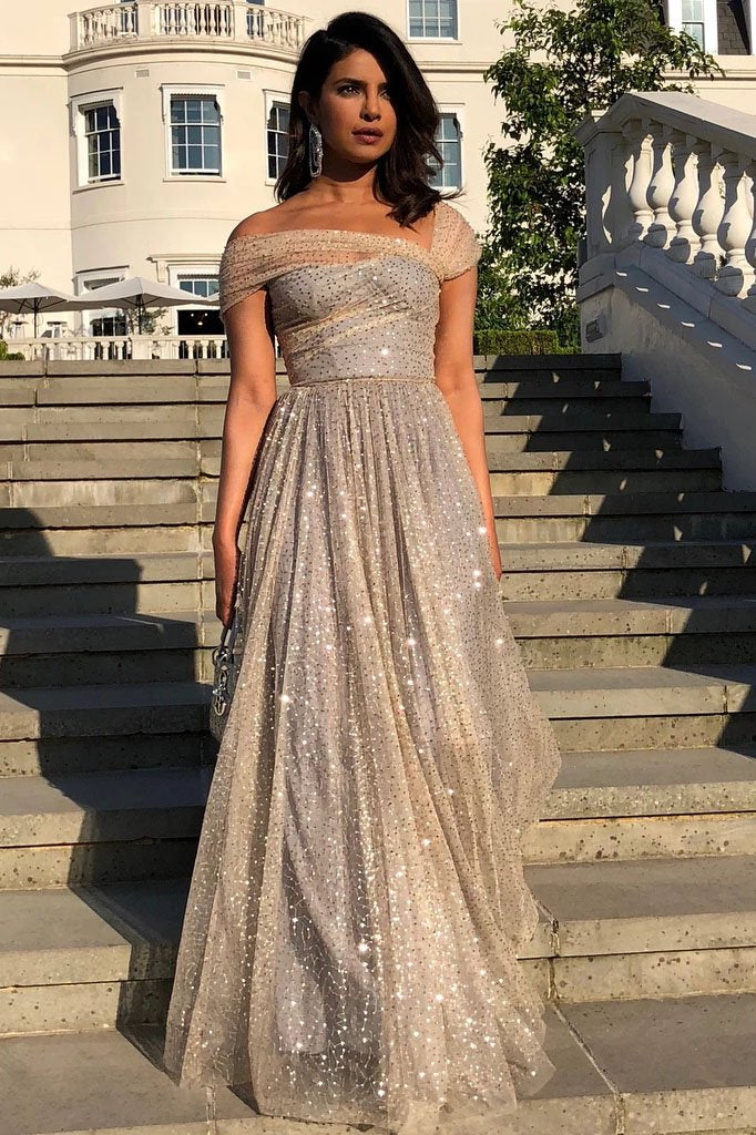 Sparkly A Line Off the Shoulder Prom Dresses with V Back, Long Dance Dresses SJS15600