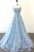 Elegant Spaghetti Straps Lace Applique Blue Bateau Tulle Backless Long Prom Dresses SJS15201