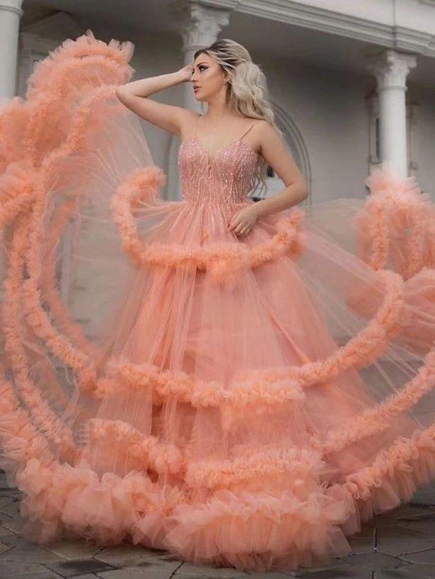 Gorgeous Ball Gown Spaghetti Straps Tulle Ruffles V Neck Prom Dresses with Sequins SJS15519