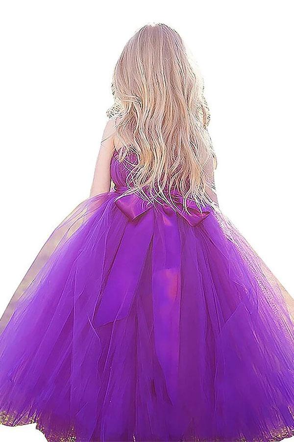 Princess Purple Ball Gown Square Neck Layers Tulle Flower Girl Dresses, Bowknot Baby Dresses SJS15304