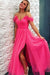 A Line Off the Shoulder Hot Pink Tulle Prom Dresses with Split, Long Formal Dresses SJS15493