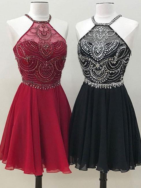 Cute A Line Halter Beaded Short Burgundy Homecoming Dresses Backless Black Hoco Dress JS731