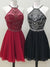 Cute A Line Halter Beaded Short Burgundy Homecoming Dresses Backless Black Hoco Dress JS731