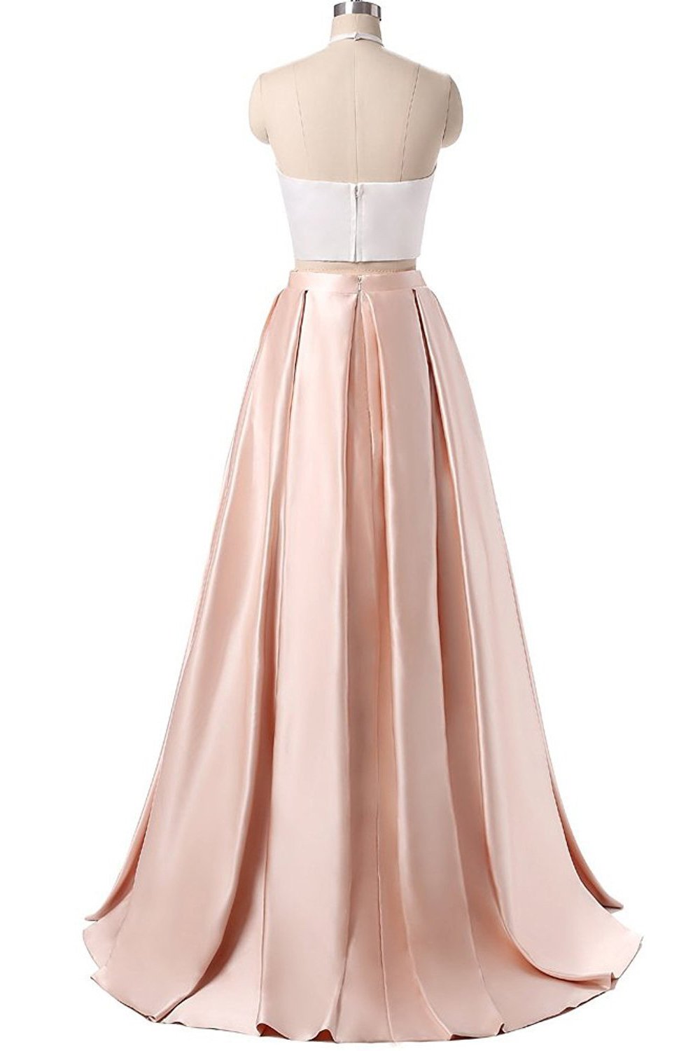 Simple Two Pieces Pink Halter Long Sleeveless Pleated Backless A-Line Prom Dresses UK JS366