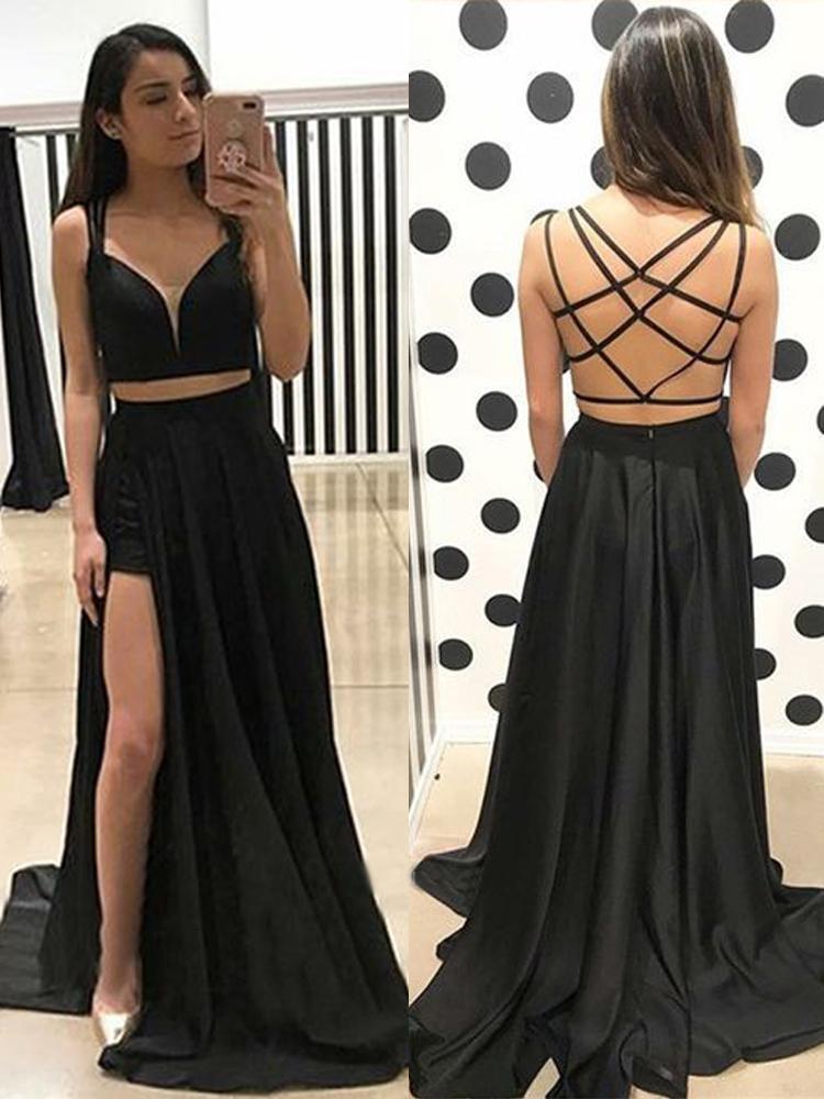 Sexy A Line V Neck Two Piece Sweetheart Cross Back Split Black Long Prom Dresses JS137