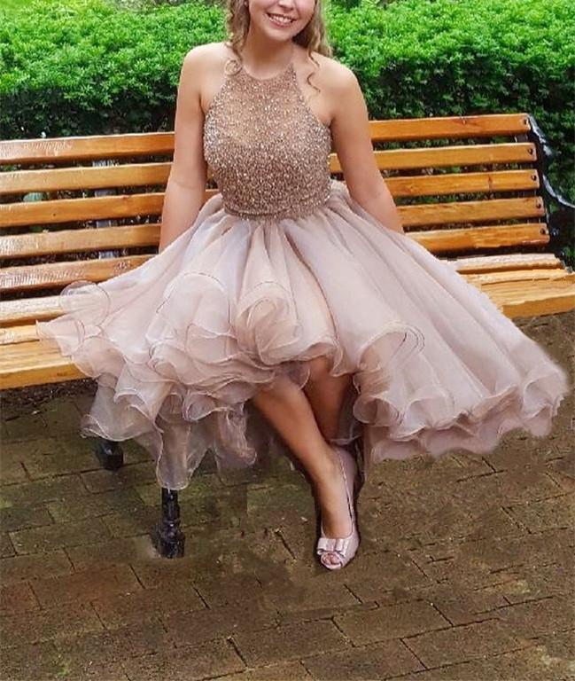 Modest Halter Short Beaded Tulle Cute Mini Homecoming Dresses JS96