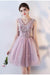 Princess Pink A Line V Neck Flowers Tulle Lace up Short Mini Homecoming Dresses JS877