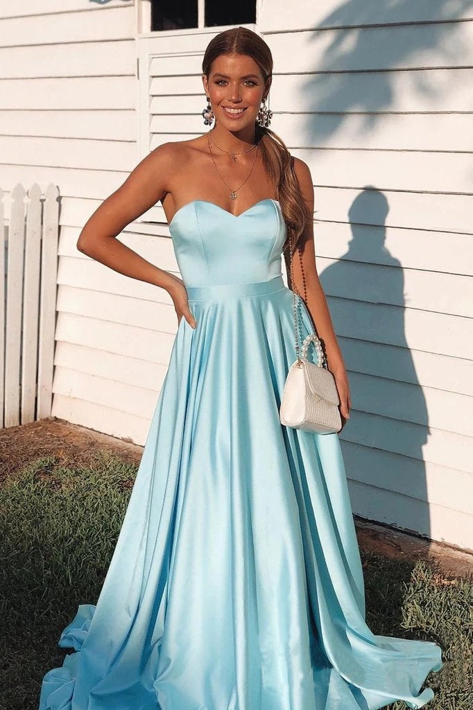 Simple A Line Sky Blue Sweetheart Satin Prom Dresses, Cheap Formal SJS20442