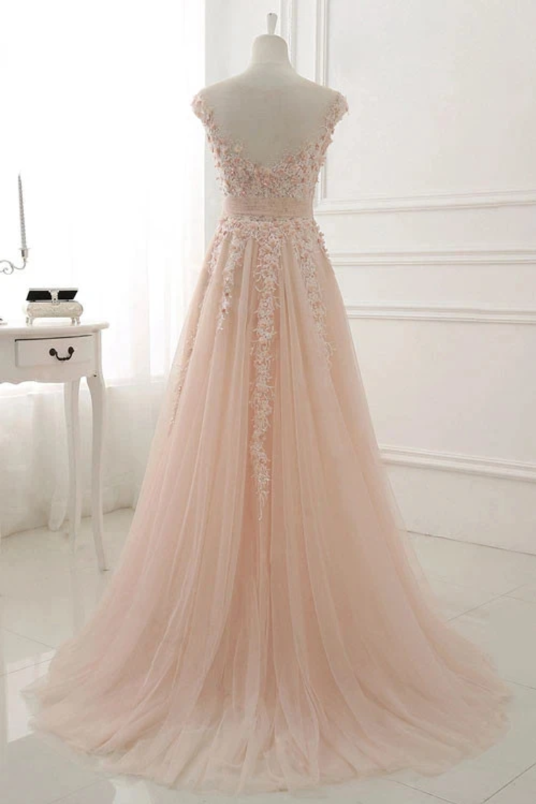 A Line Sheer Neck Cap Sleeves Tulle Prom Dresses Appliques Sweep Train Formal SJSPTEXZSTC