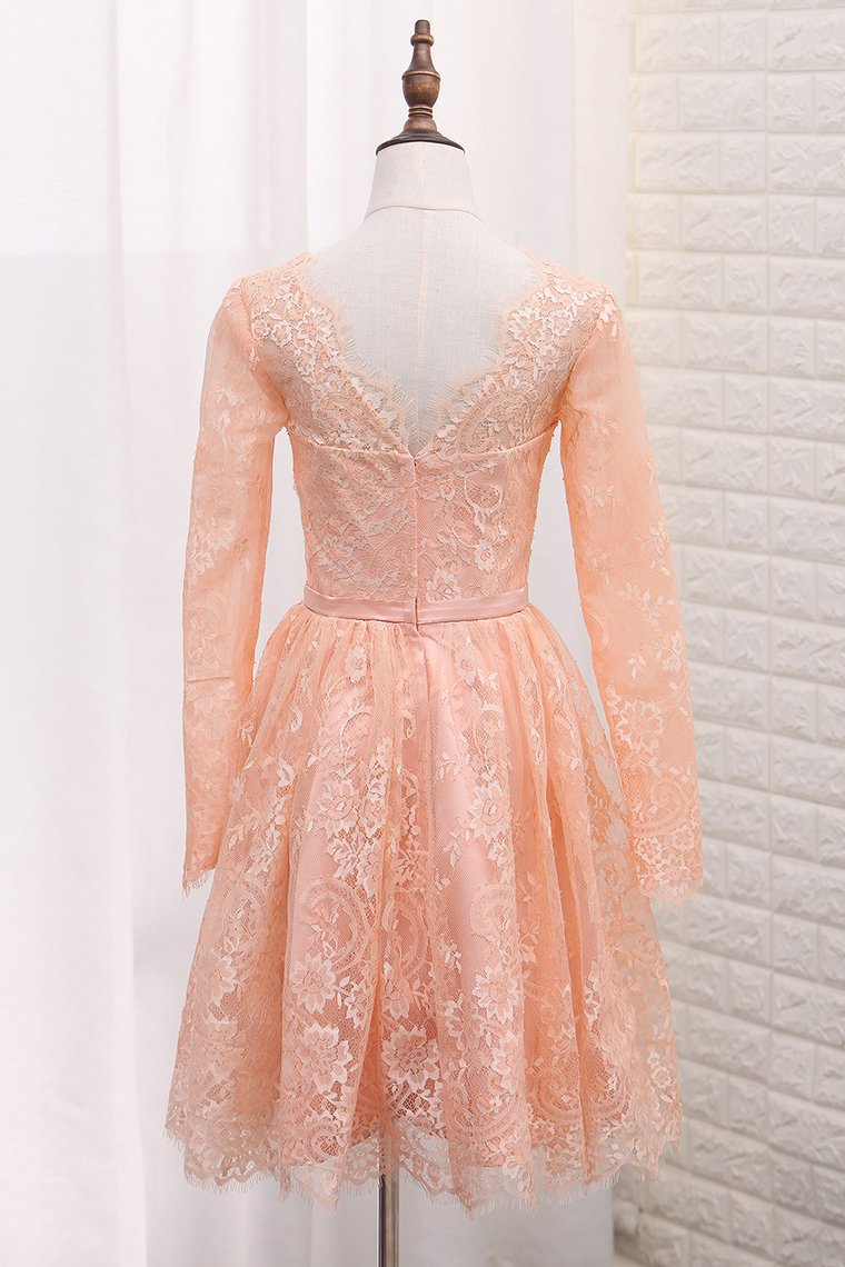 A Line V Neck Long Sleeves Lace Homecoming Dresses With Sash